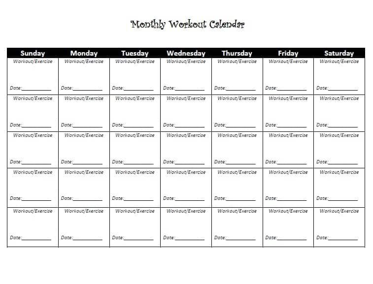 5 Workout Calendar Templates - Excel xlts