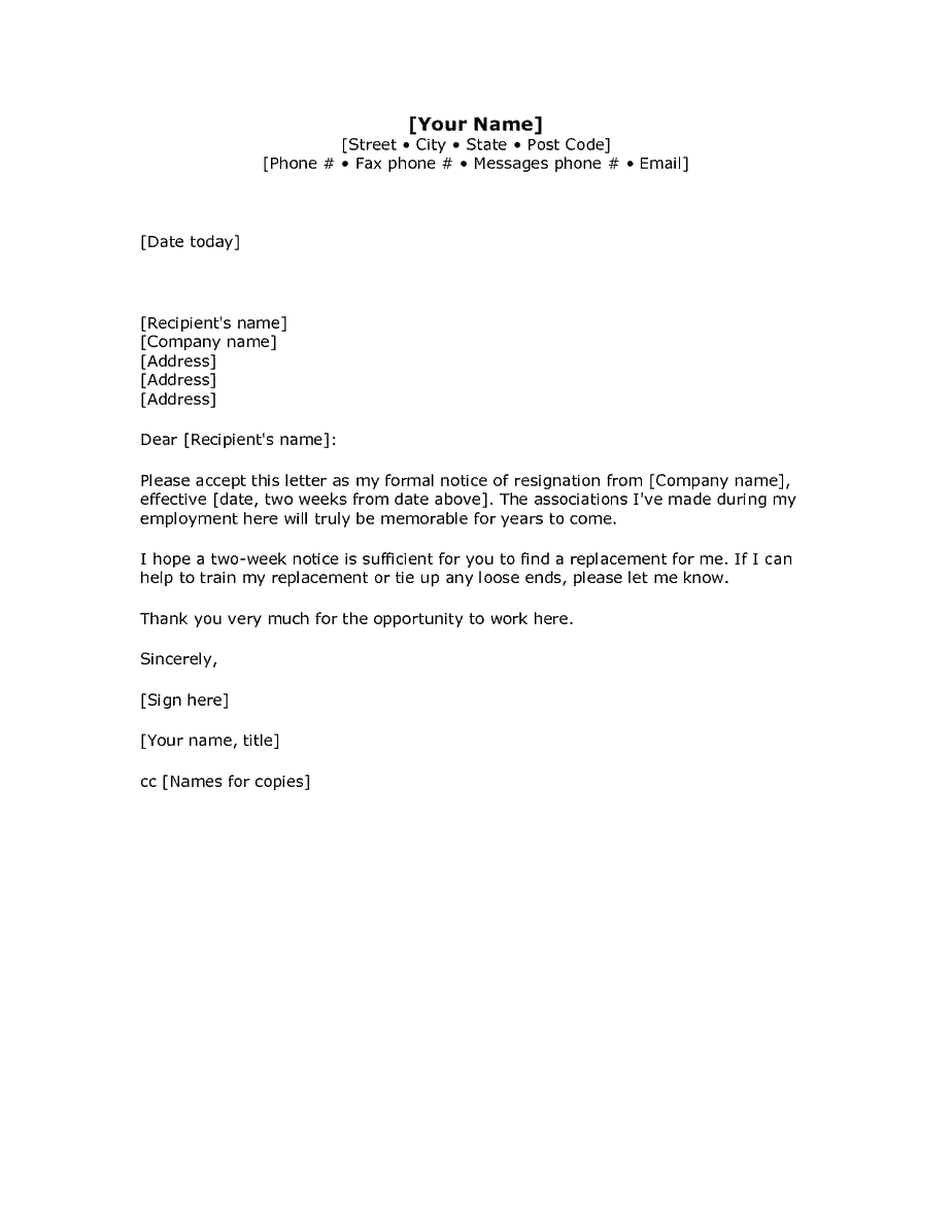 4 Two weeks’ notice letter Templates Excel xlts