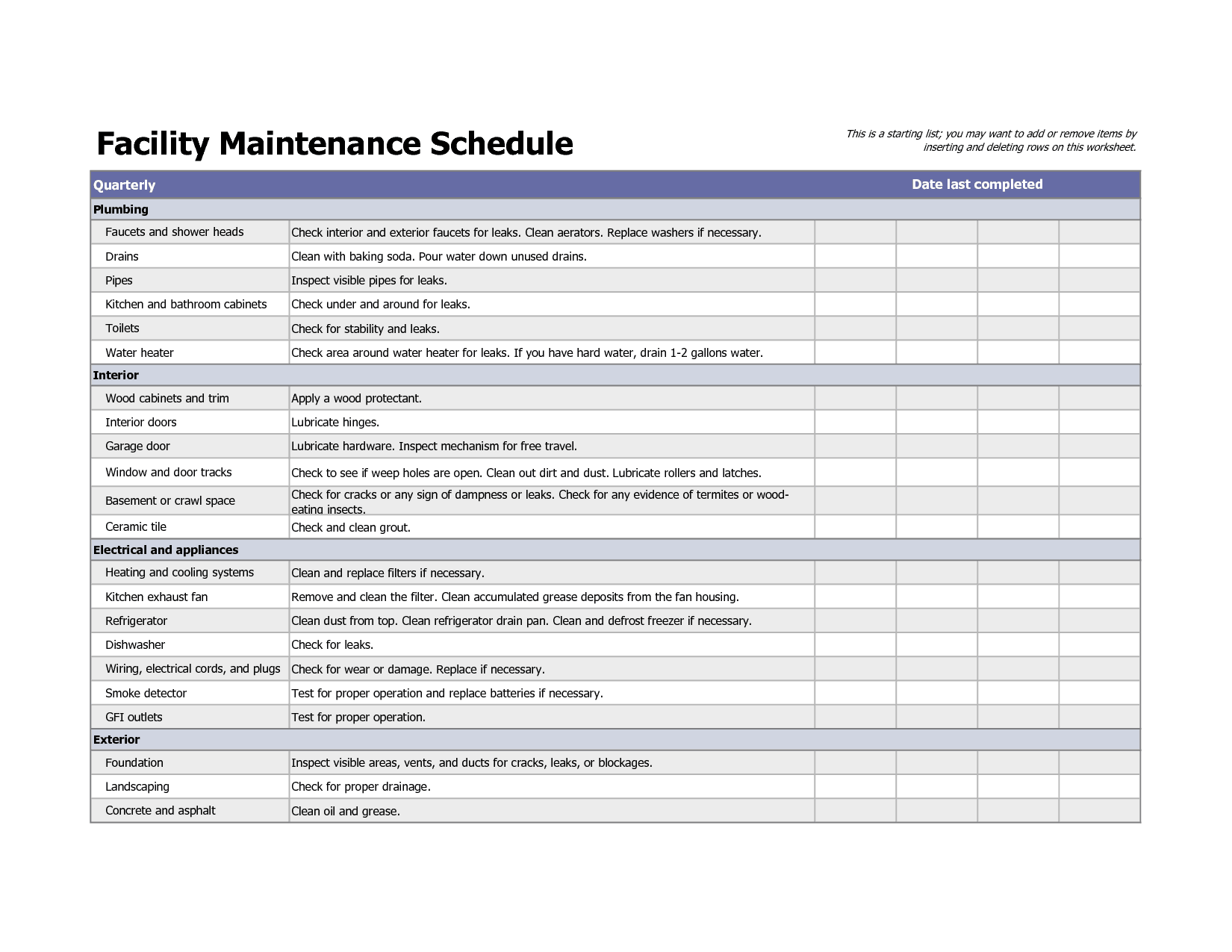 4 Facility Maintenance Checklist Templates Excel xlts