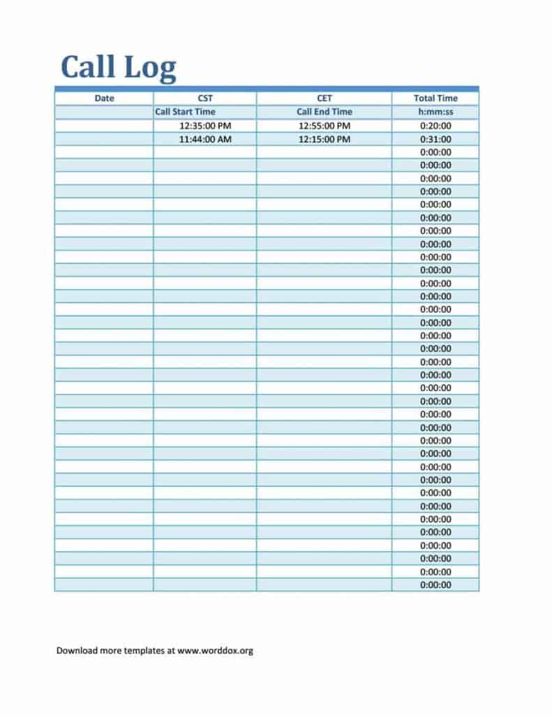 Excel Call Log Template from www.wordstemplatespro.com