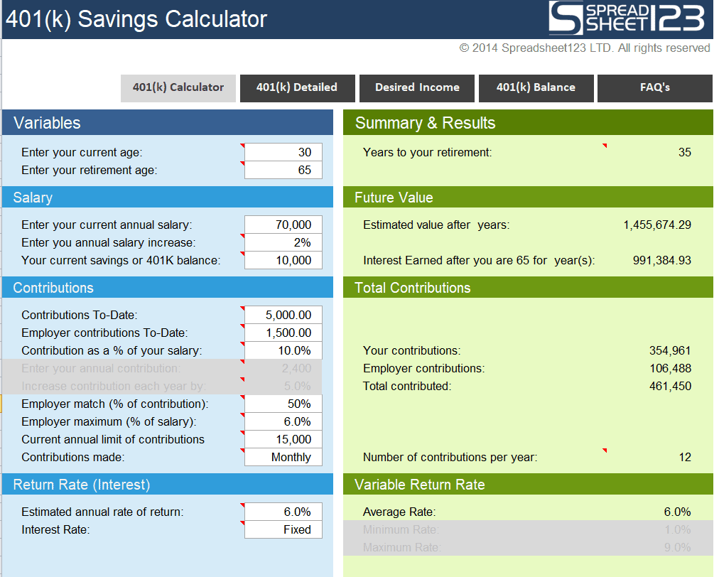 Example 401k Savings Calculator Template preview