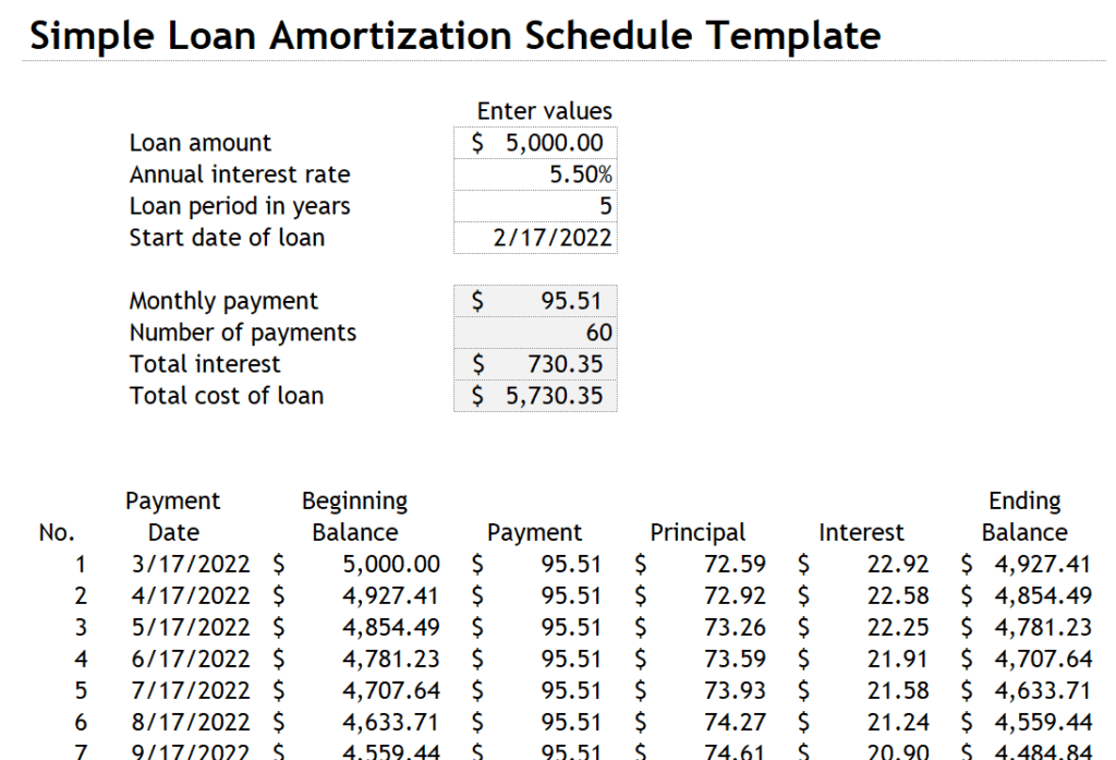 Simple Loan Amoritzation Schedule Template preview