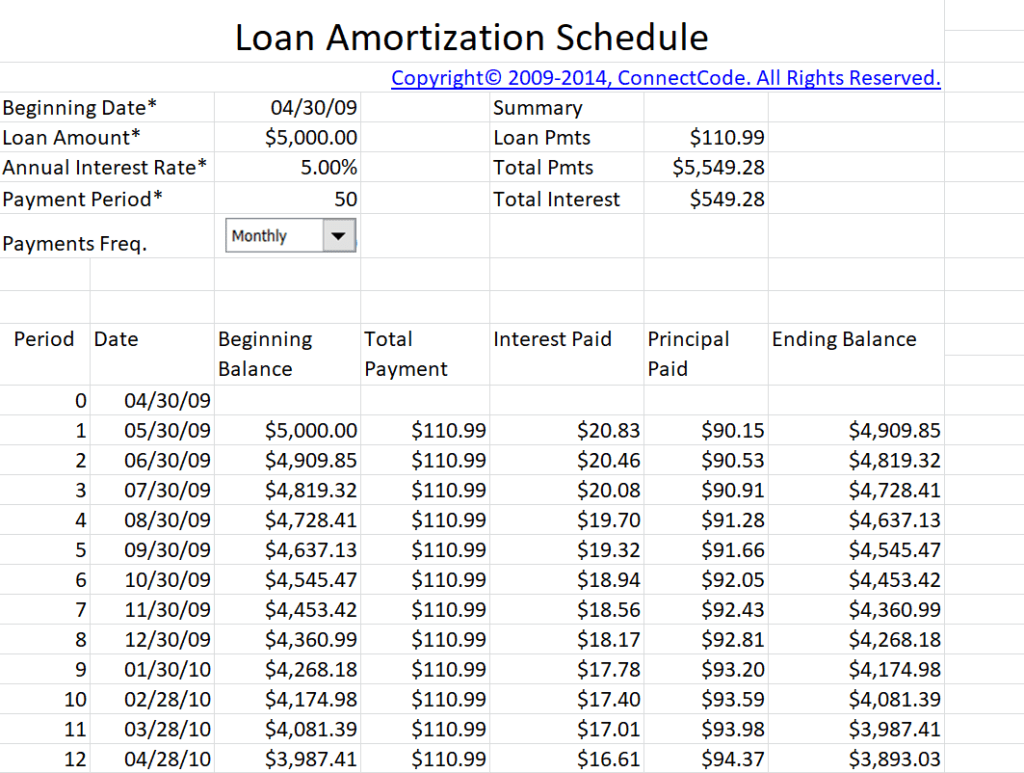 Personal Loan Amoritzation Schedule Template preview
