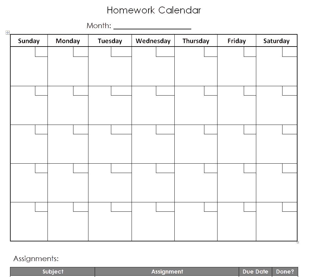 homework calendar template free