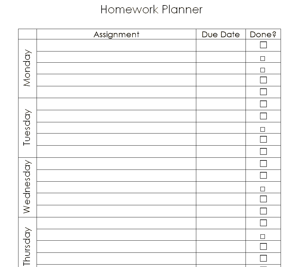 homework calendar template free