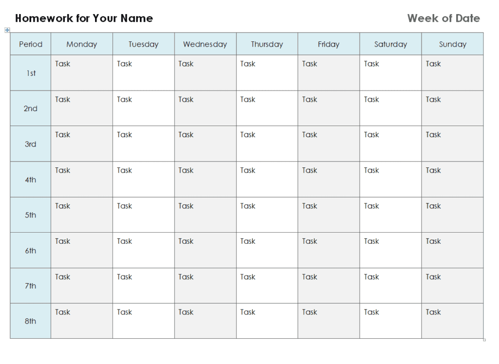 homework calendar template free