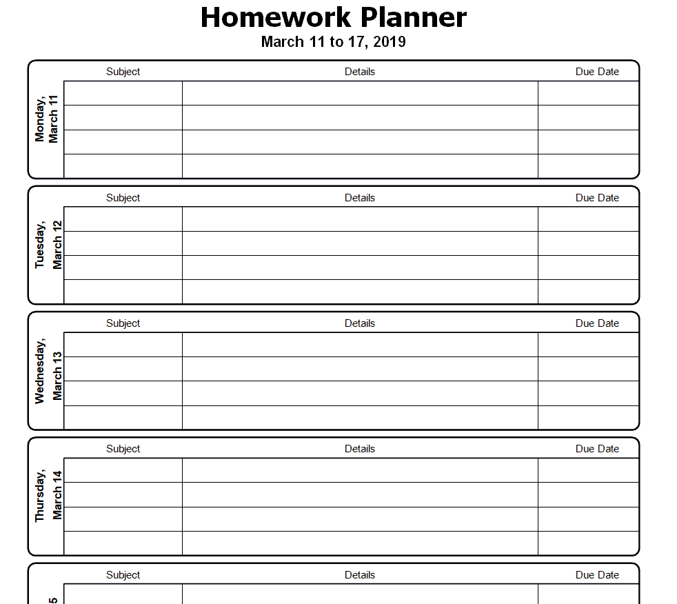 homework calendar template free