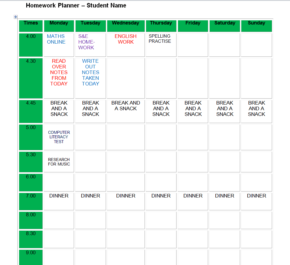 homework calendar template free