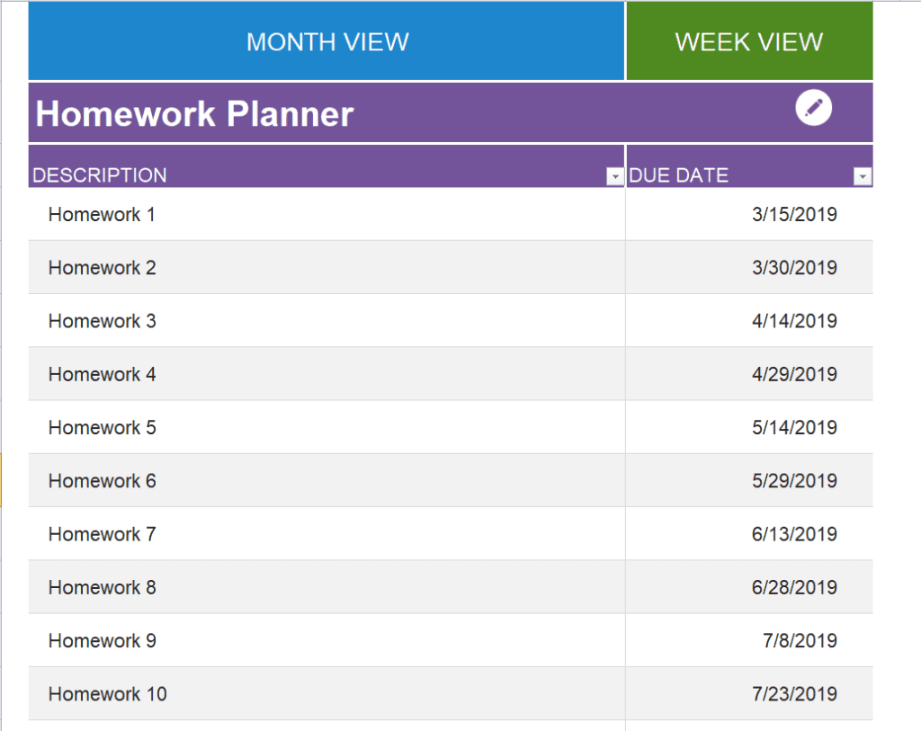 homework calendar template free