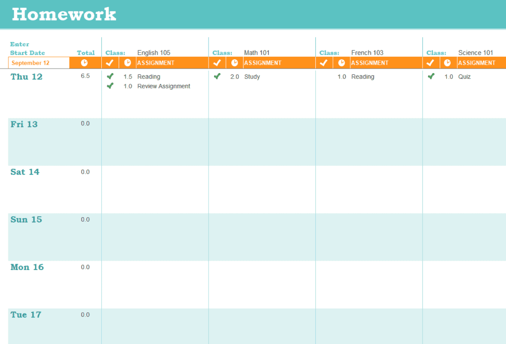 homework calendar template free