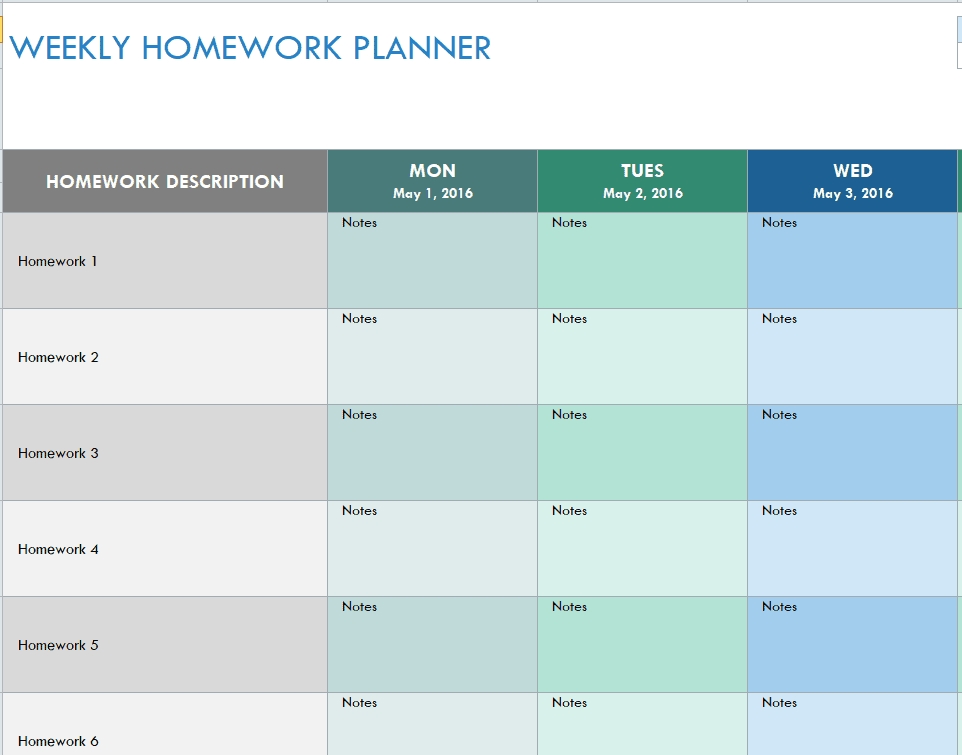 homework calendar template free