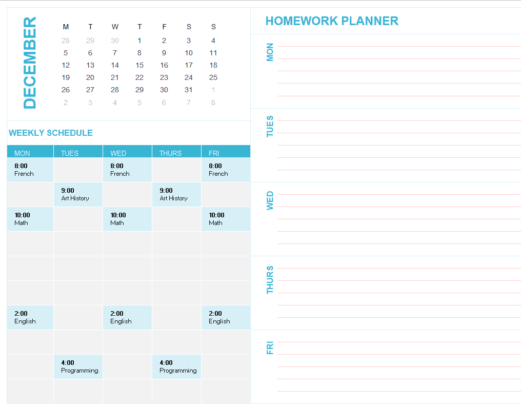 homework calendar template free