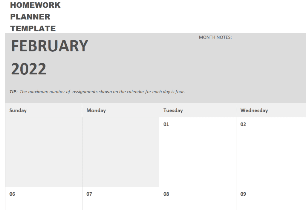 homework calendar template free