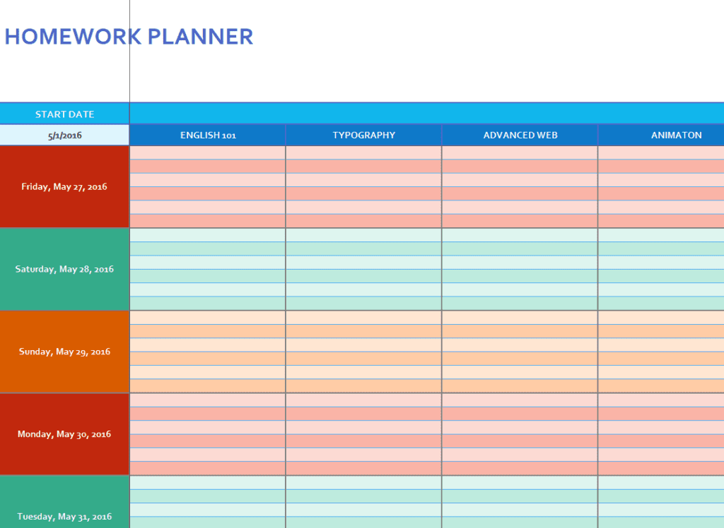 homework calendar template free