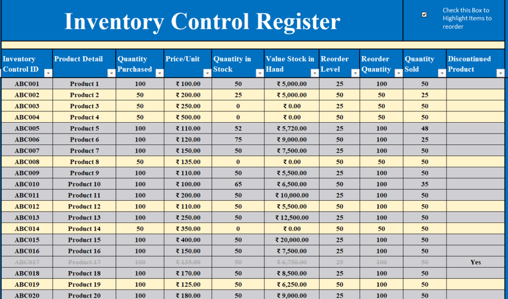 Inventory Control Register Template preview