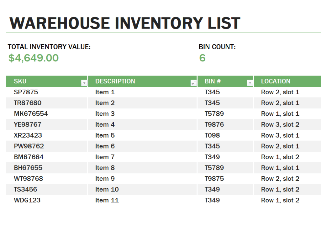 Warehouse Inventory Control List Template preview