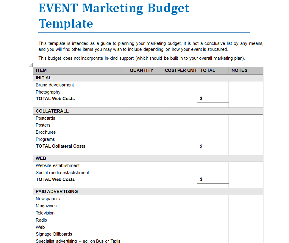 Event Marketing Plan Budget Template WORD Format preview