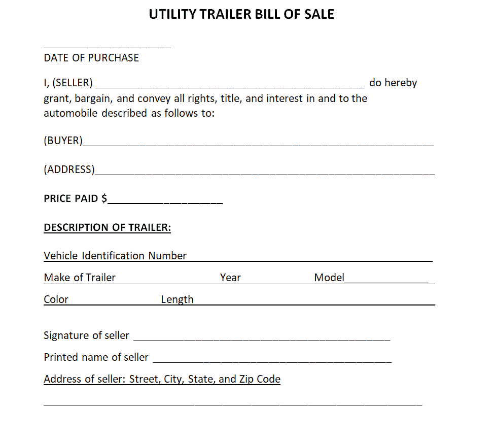 Utility Trailer Bill of Sale Template preview
