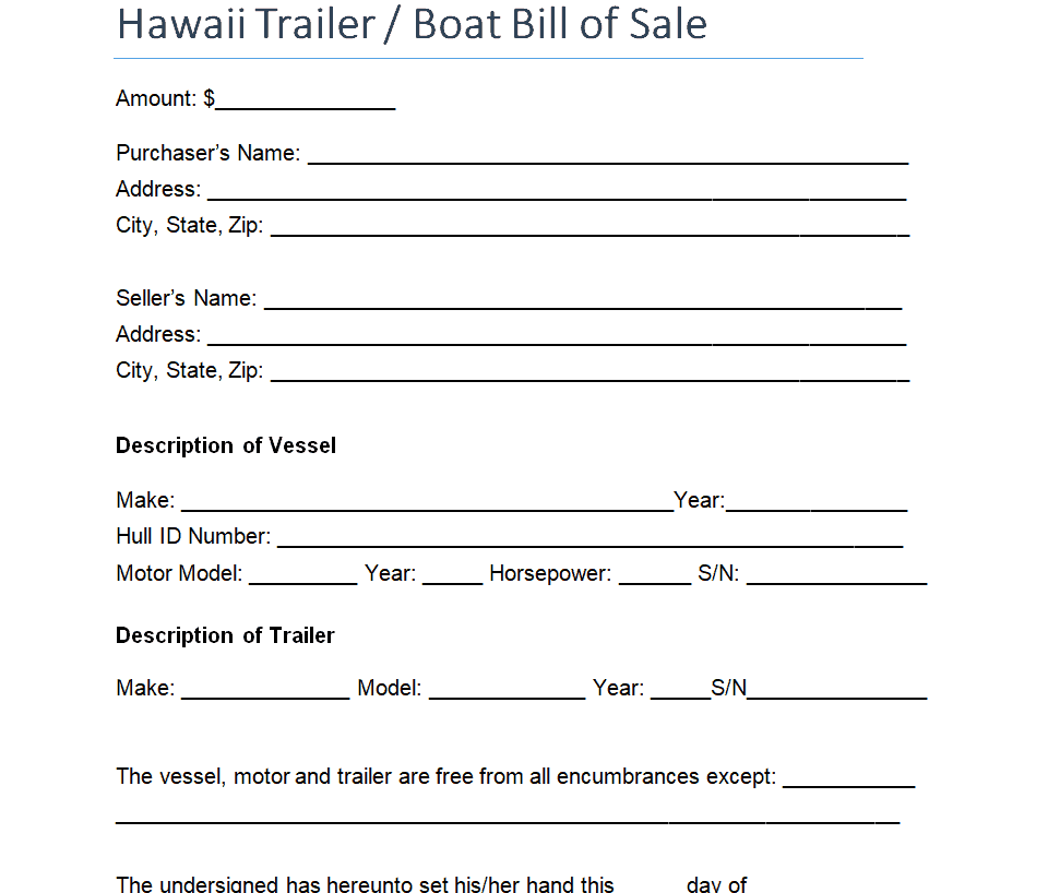 Hawaii Trailer/Boat Bill of Sale Template preview