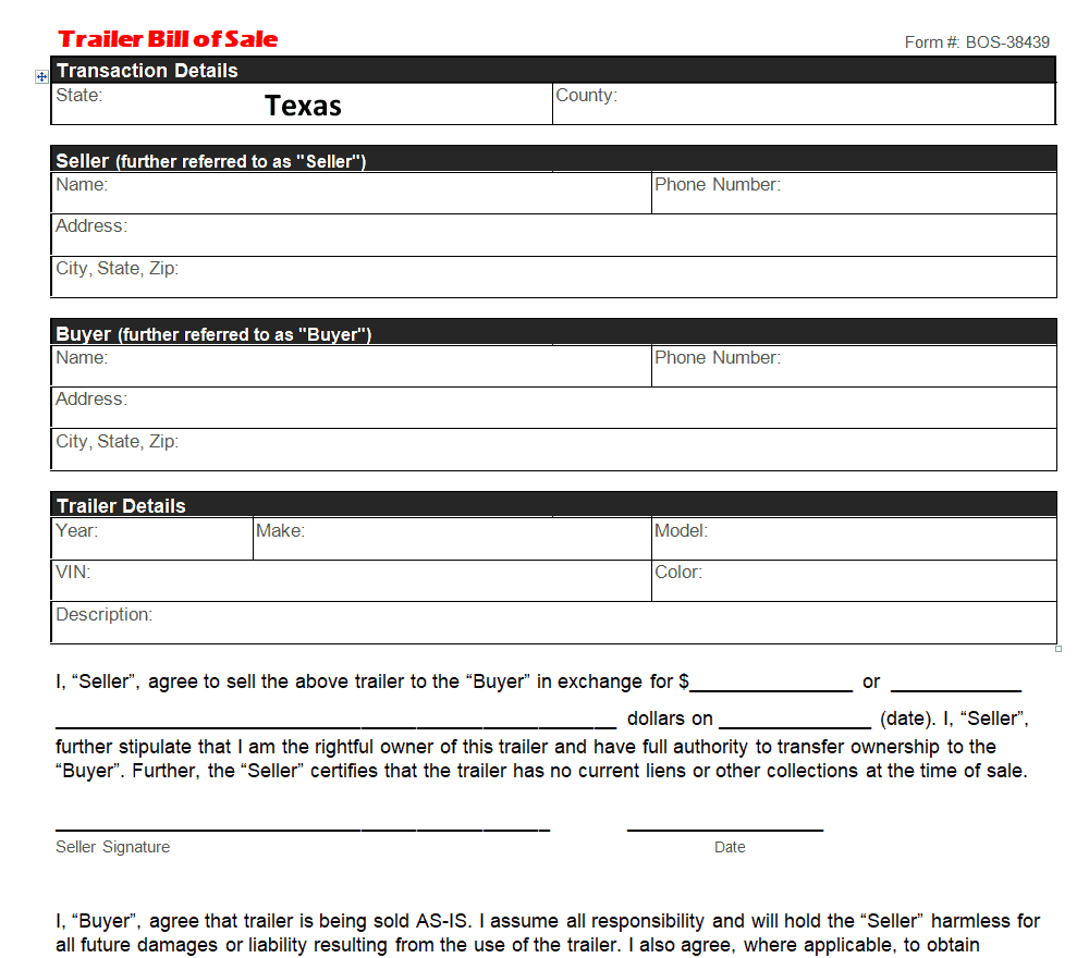 Online Trailer Bill of Sale Format Template preview