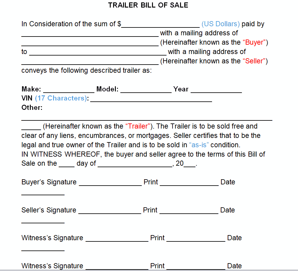 Sample Trailer Bill of Sale Template preview