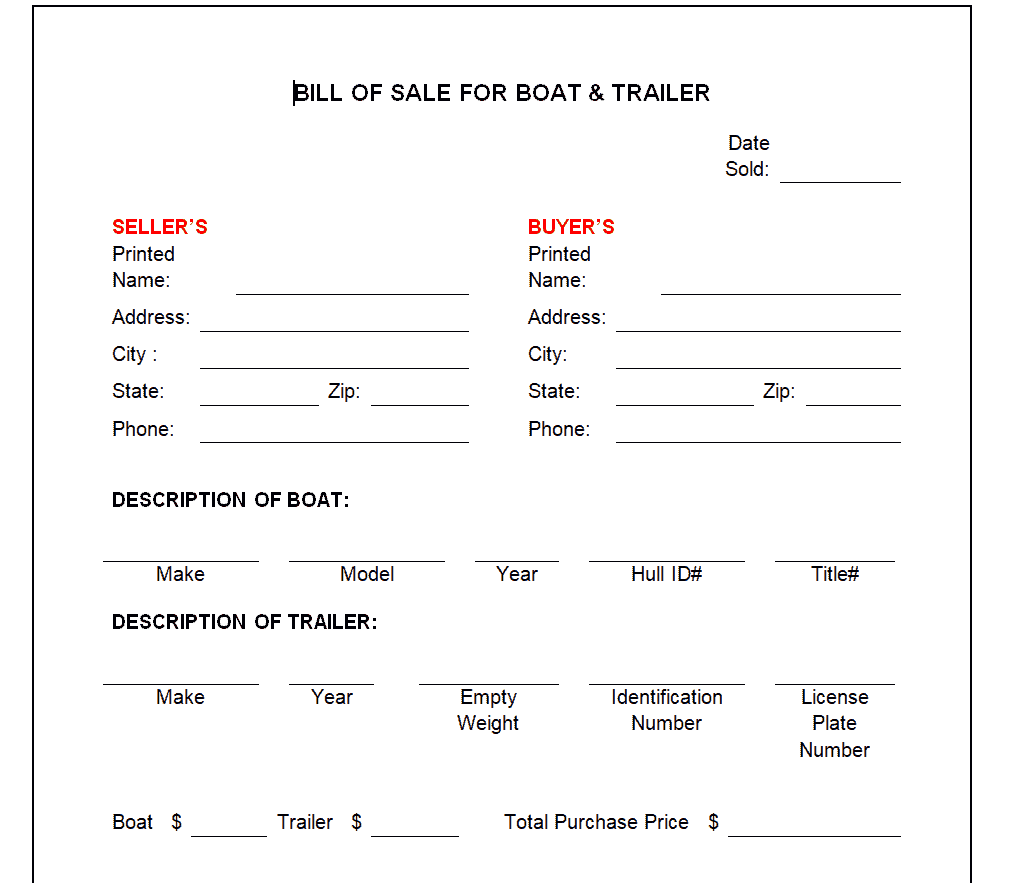 Example Trailer Bill of Sale Template preview