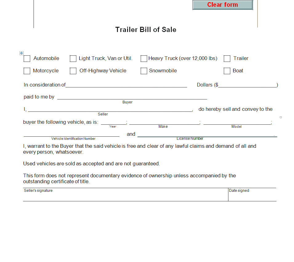 Trailer Bill of Sale Form Template preview