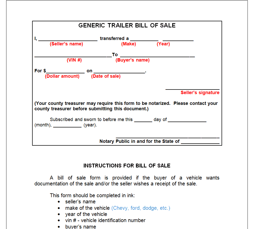 Generic Trailer Bill of Sale Template preview