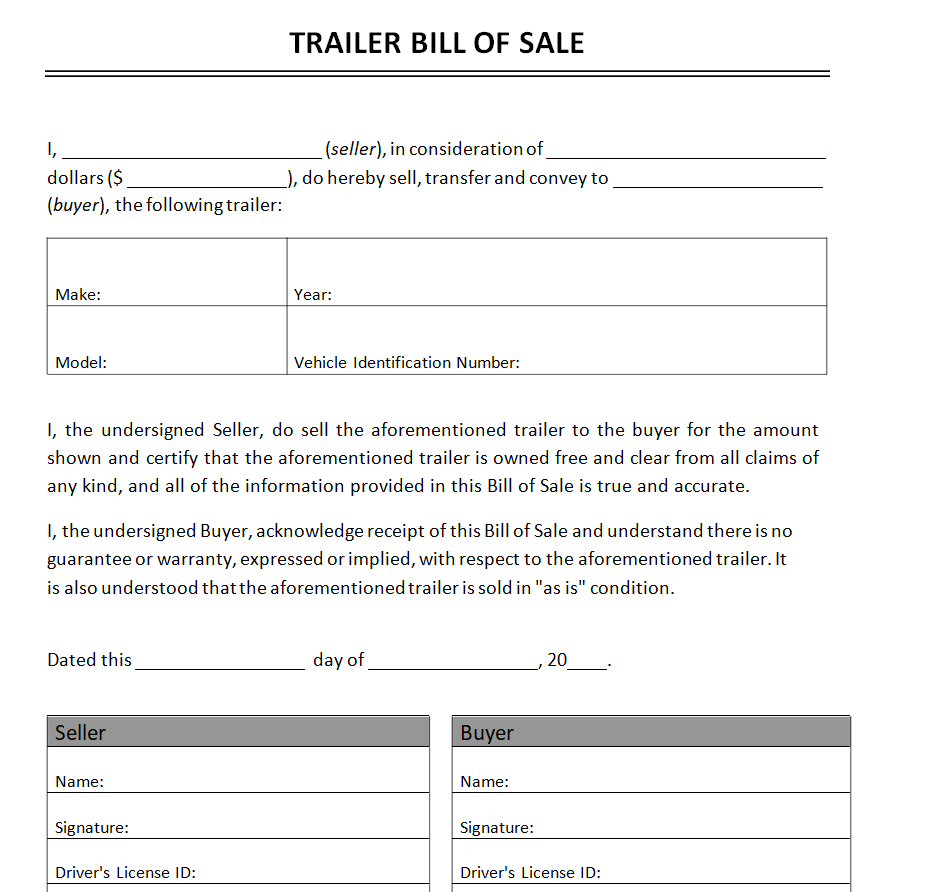 Simple Trailer Bill of Sale Template preview