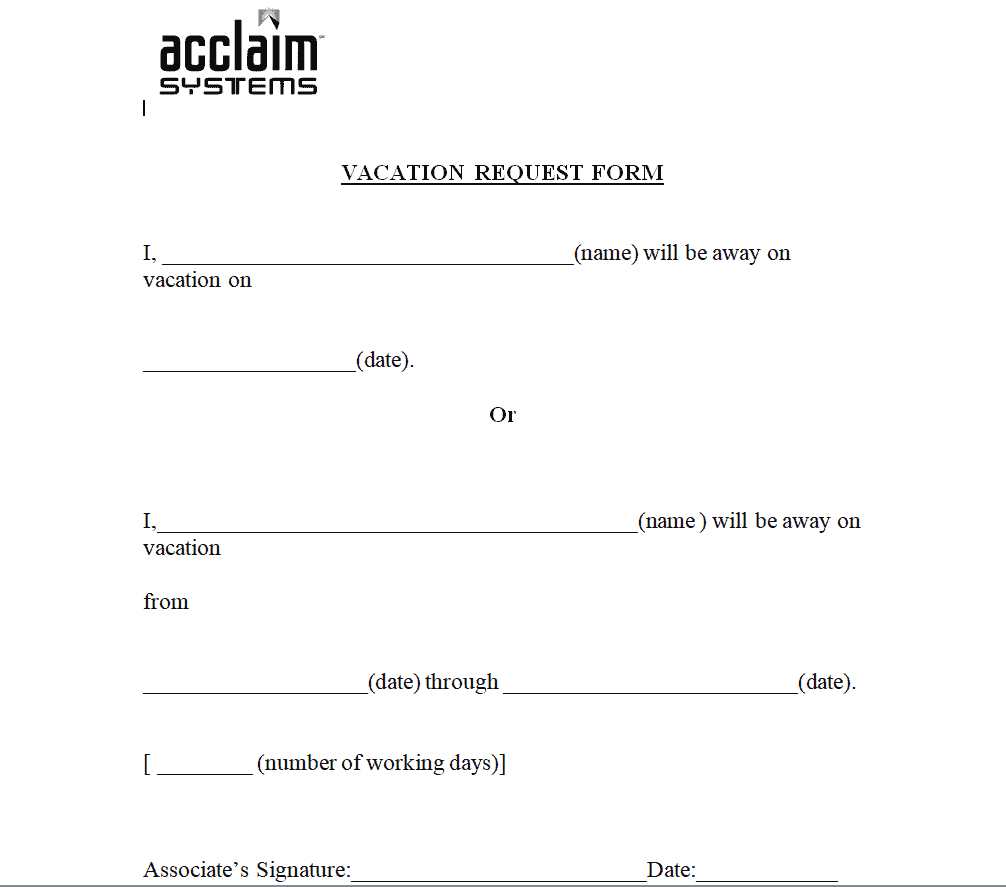 Formal Vacation Request Form Template preview