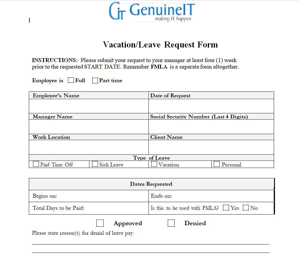 IT Company's Vacation Request Form Template preview