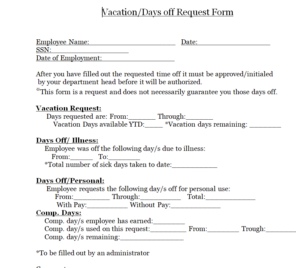 Vacation/Days Off Request Form Template preview