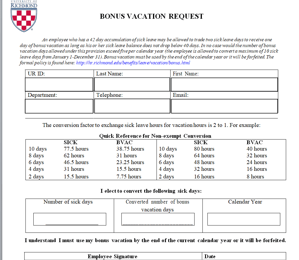 Bonus Vacation Request Form Template preview