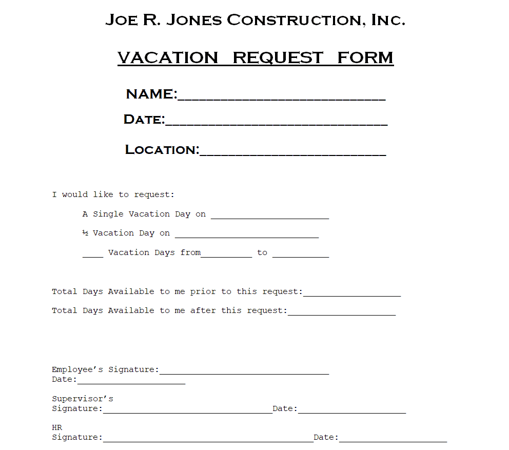Construction Company's Vacation Request Form Template preview