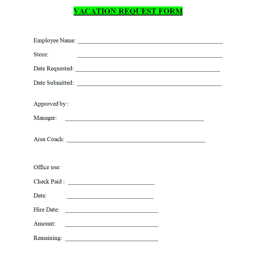 Example Vacation Request Form Template preview