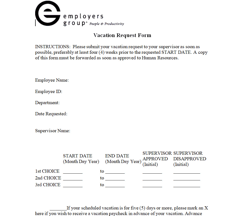 Model Vacation Request Form Template preview