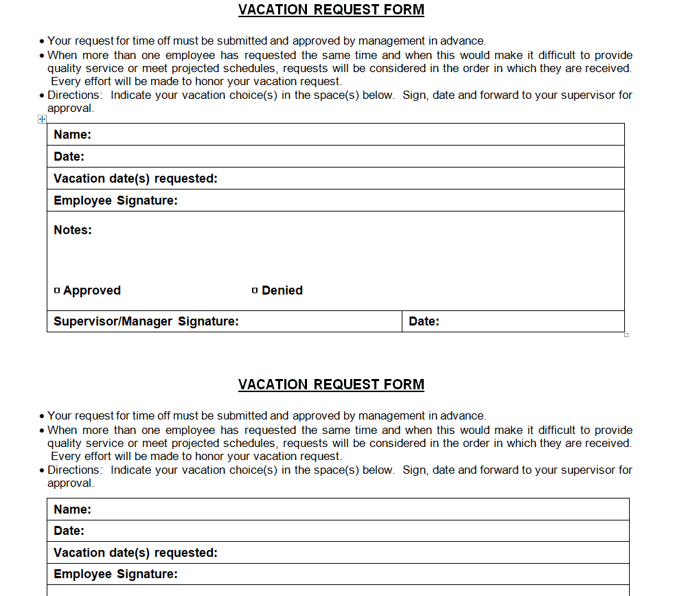 Blank Vacation Request Form Template preview
