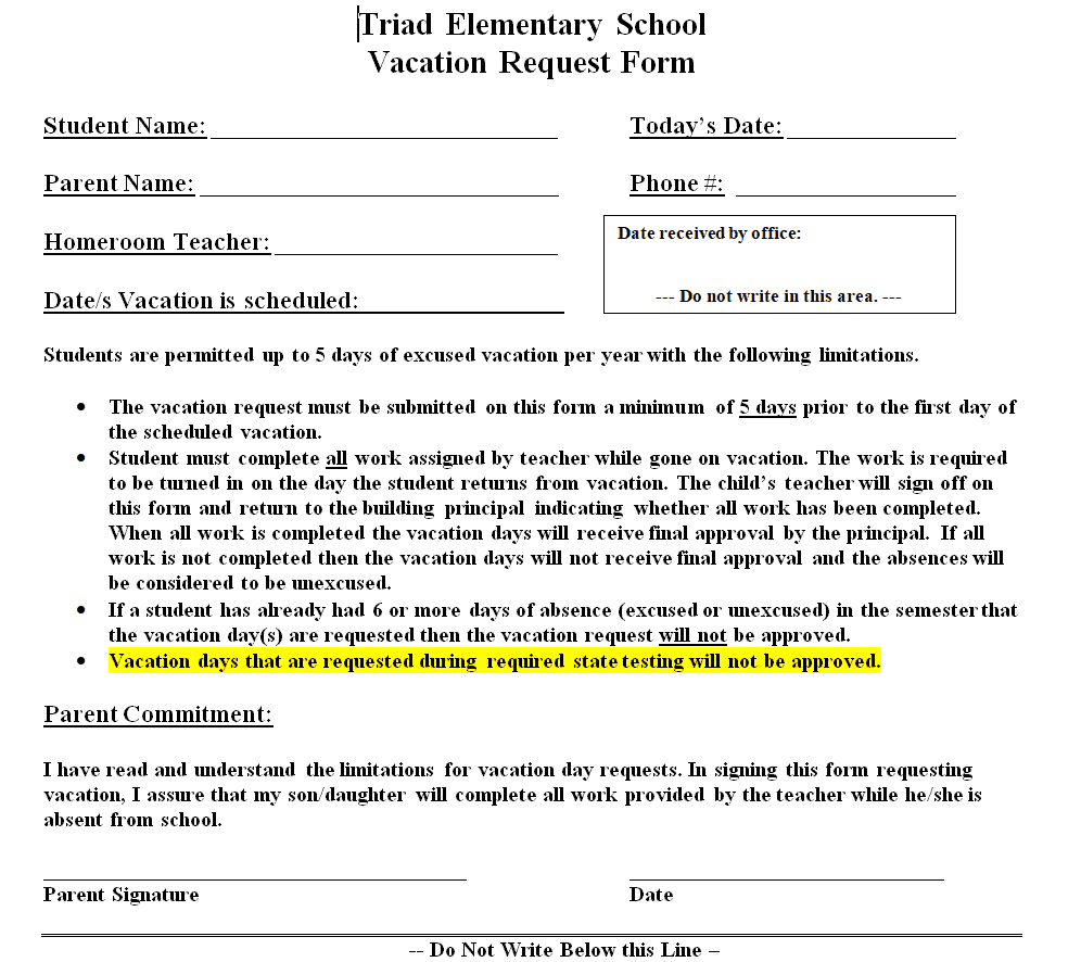 Elementary School Vacation Request Form Template preview