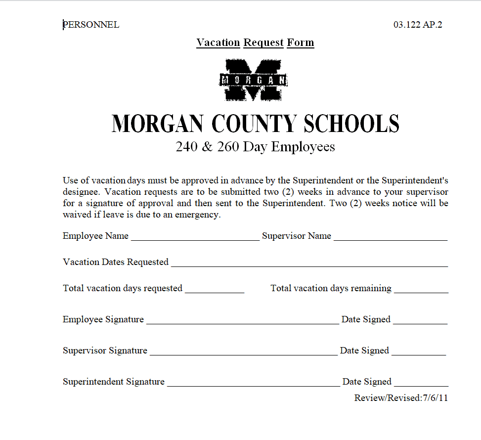 County School's Vacation Request Form Template preview