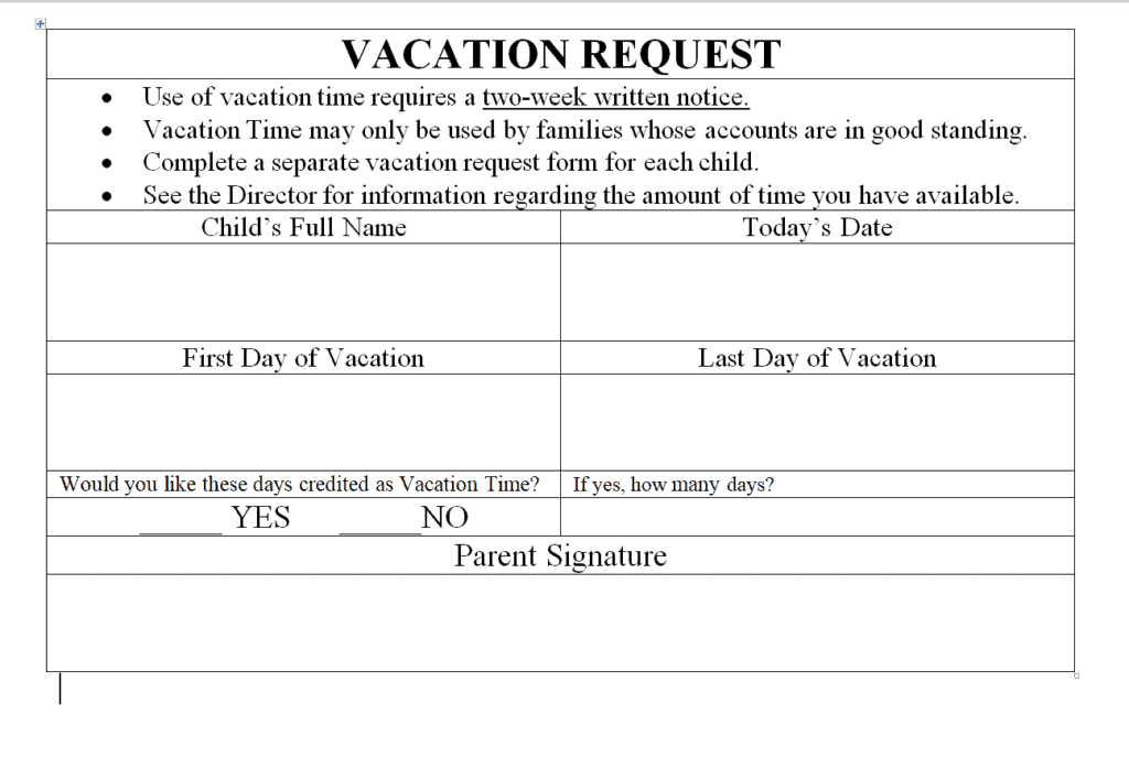 Standard Vacation Request Form Template preview