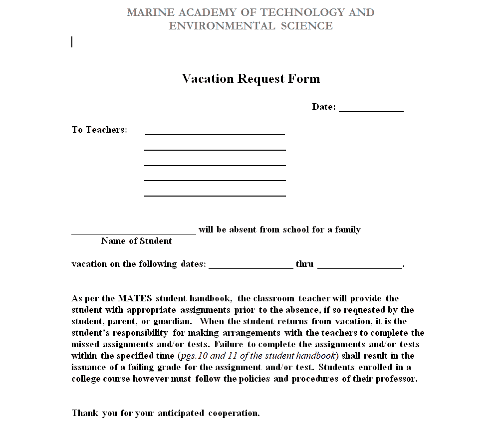 Academic Vacation Request Form Template preview