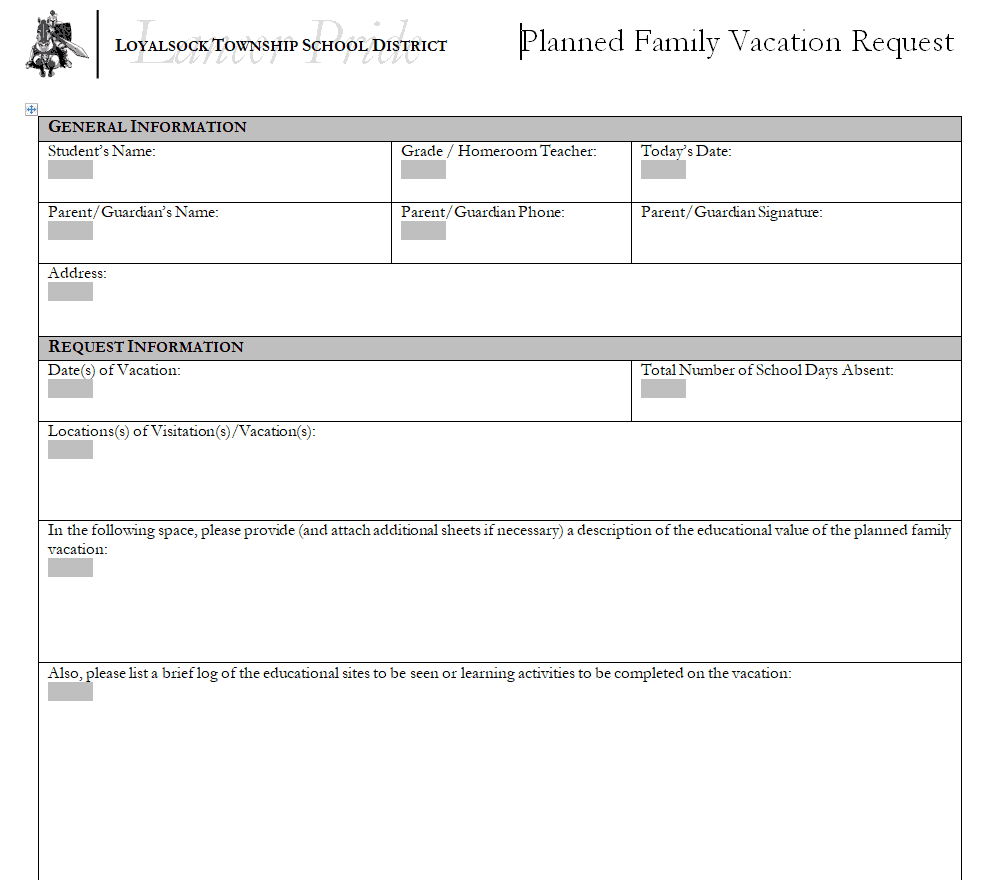 Planned Family Vacation Request Form Template preview