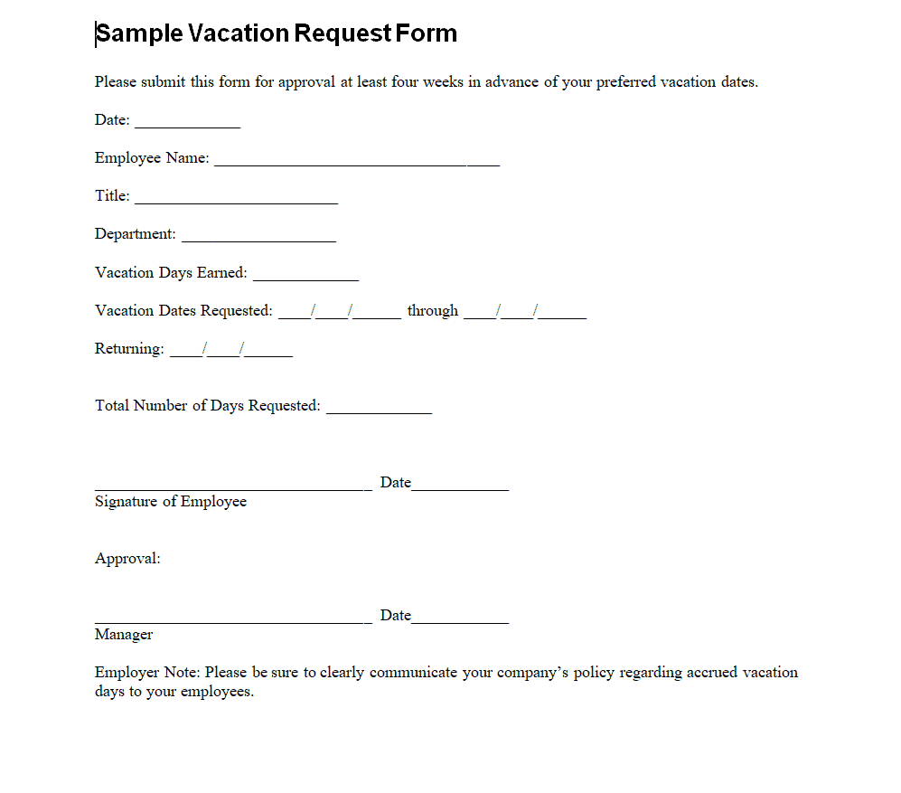 Sample Vacation Request Form Template preview
