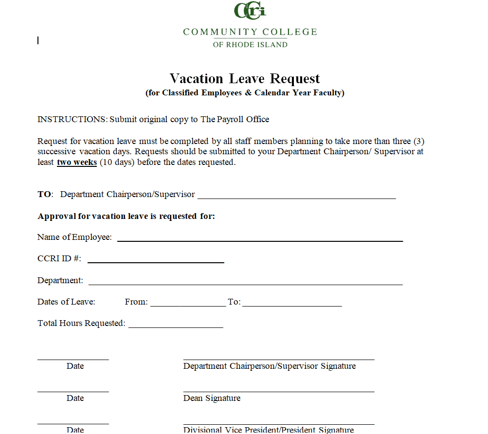 Community College Vacation Request Form Template preview
