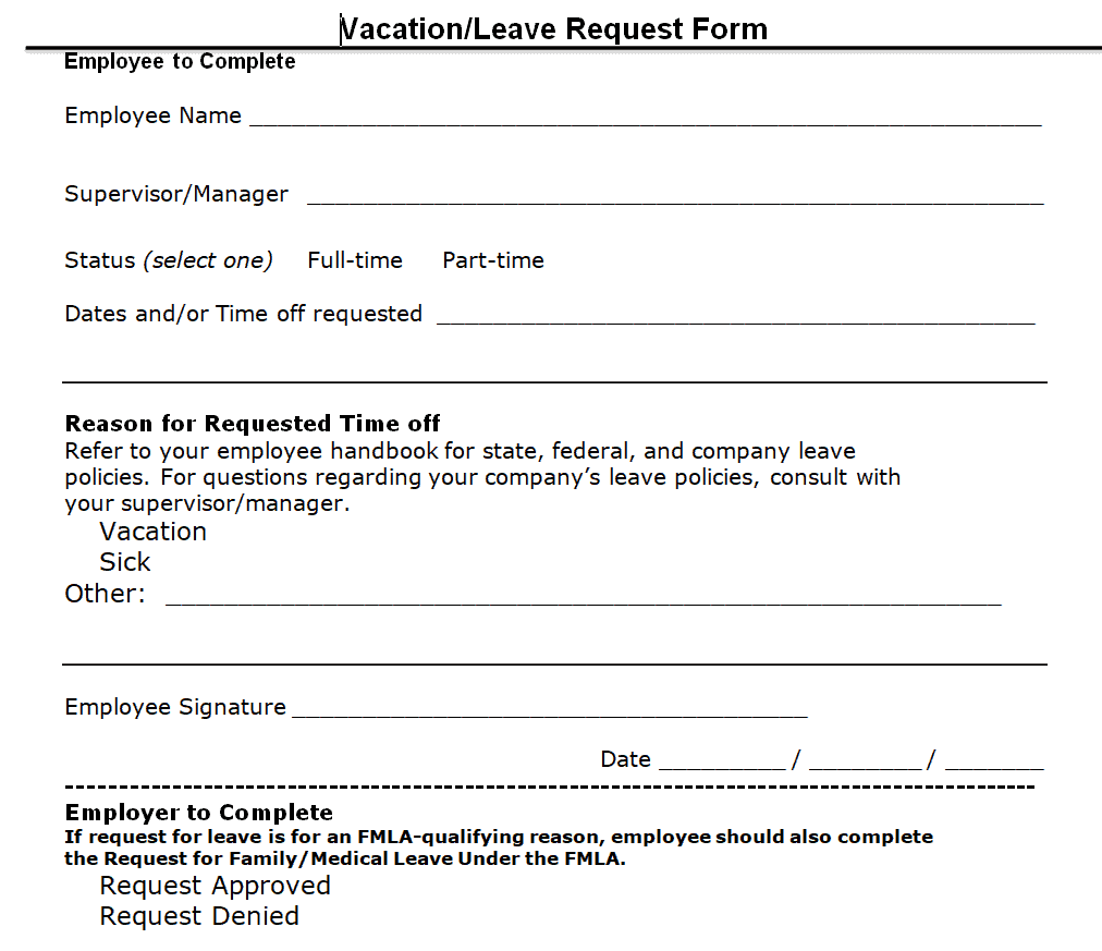 Employee's Vacation Request Form Template preview