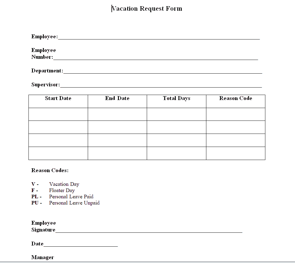 Simple Vacation Request Form Template preview