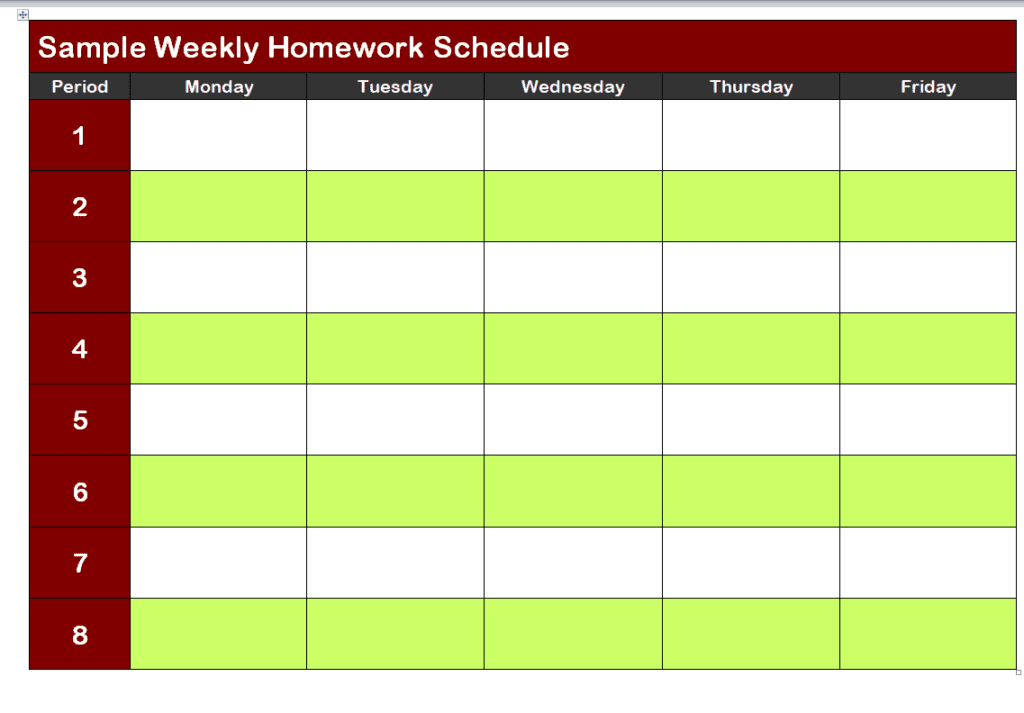 homework schedule template