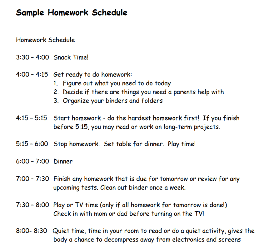 homework schedule template