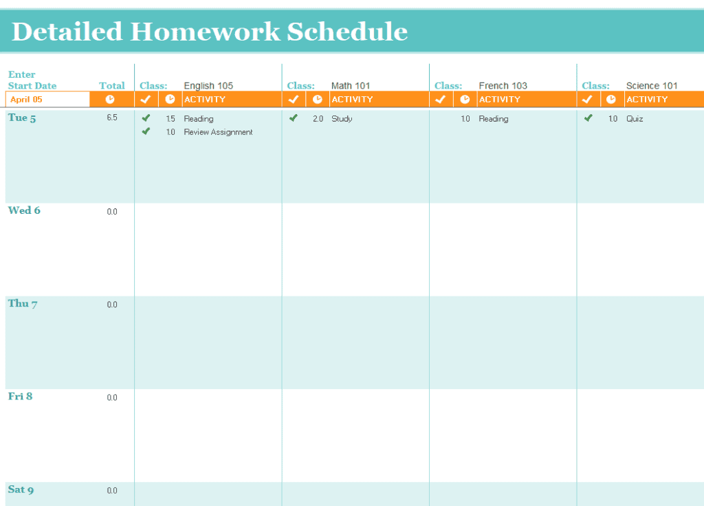 homework schedule template