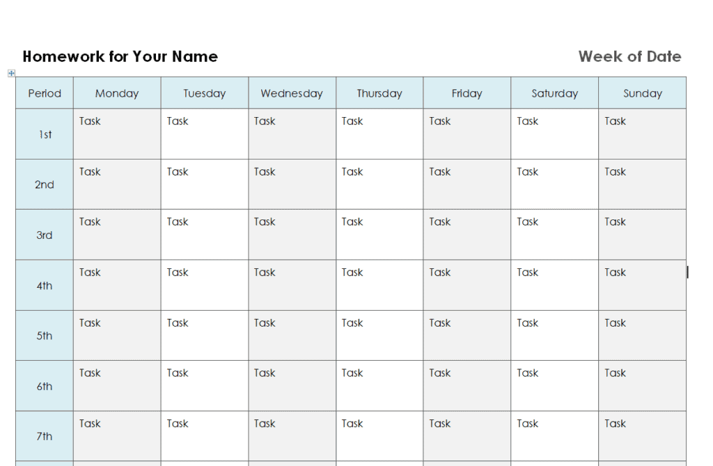 homework schedule template